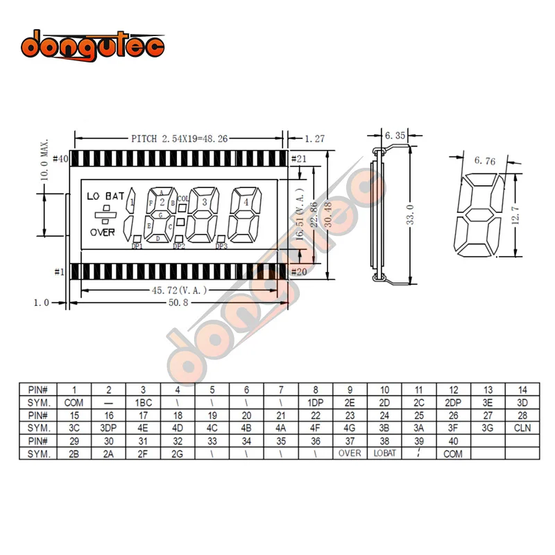 Panel LCD de segmentos de 40PIN TN positiva, 3-1/2 dígitos, amarillo, verde, blanco, azul, sin retroiluminación, 5V