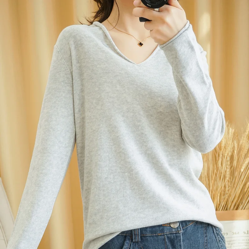 2023 long-sleeved knit sweater pullover bottoming shirt Solid color spring summer cotton T-shirt V-neck blouse Slim women