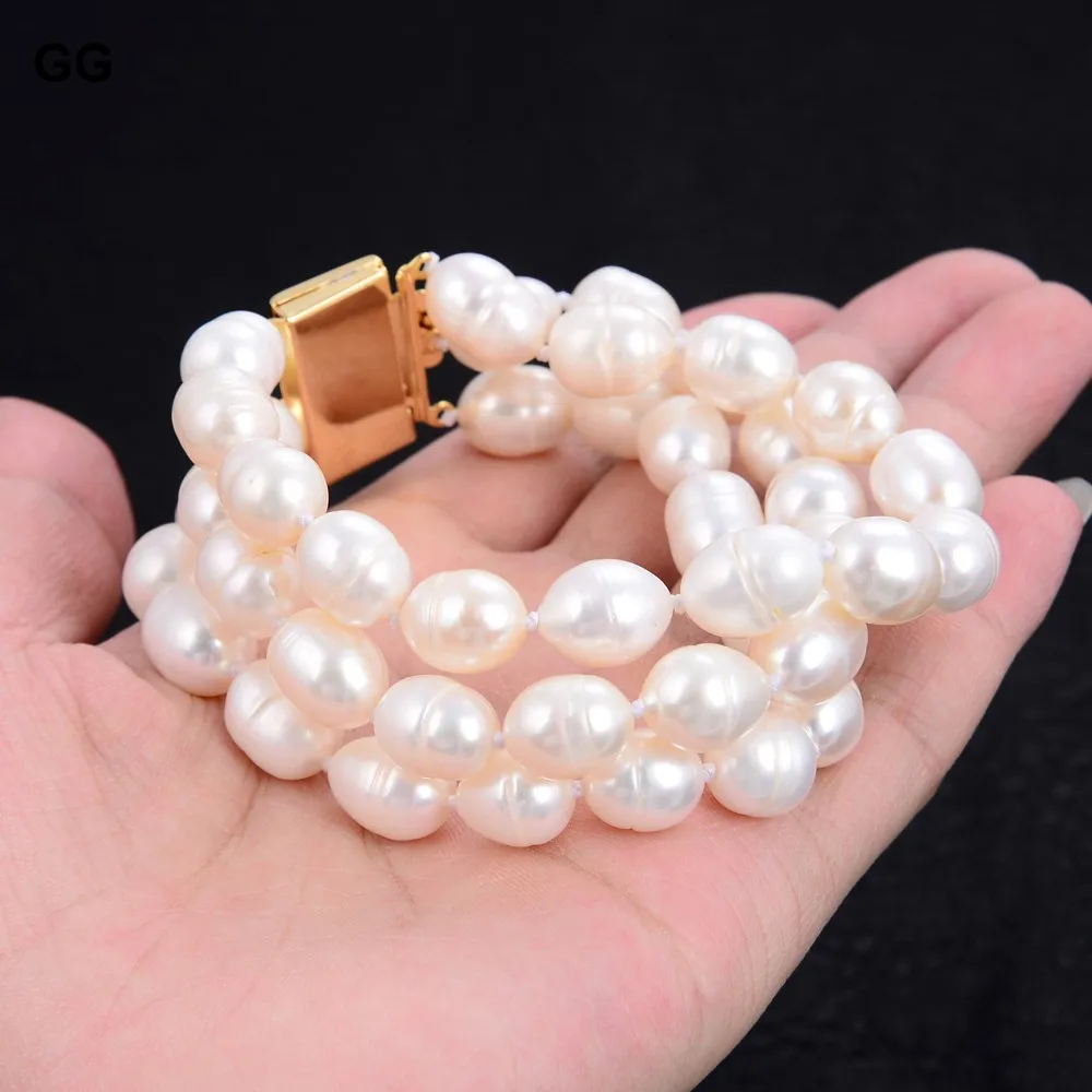 GuaiGuai Jewelry 3 Strands Natural 12MM White Rice Pearl Bracelet For Women