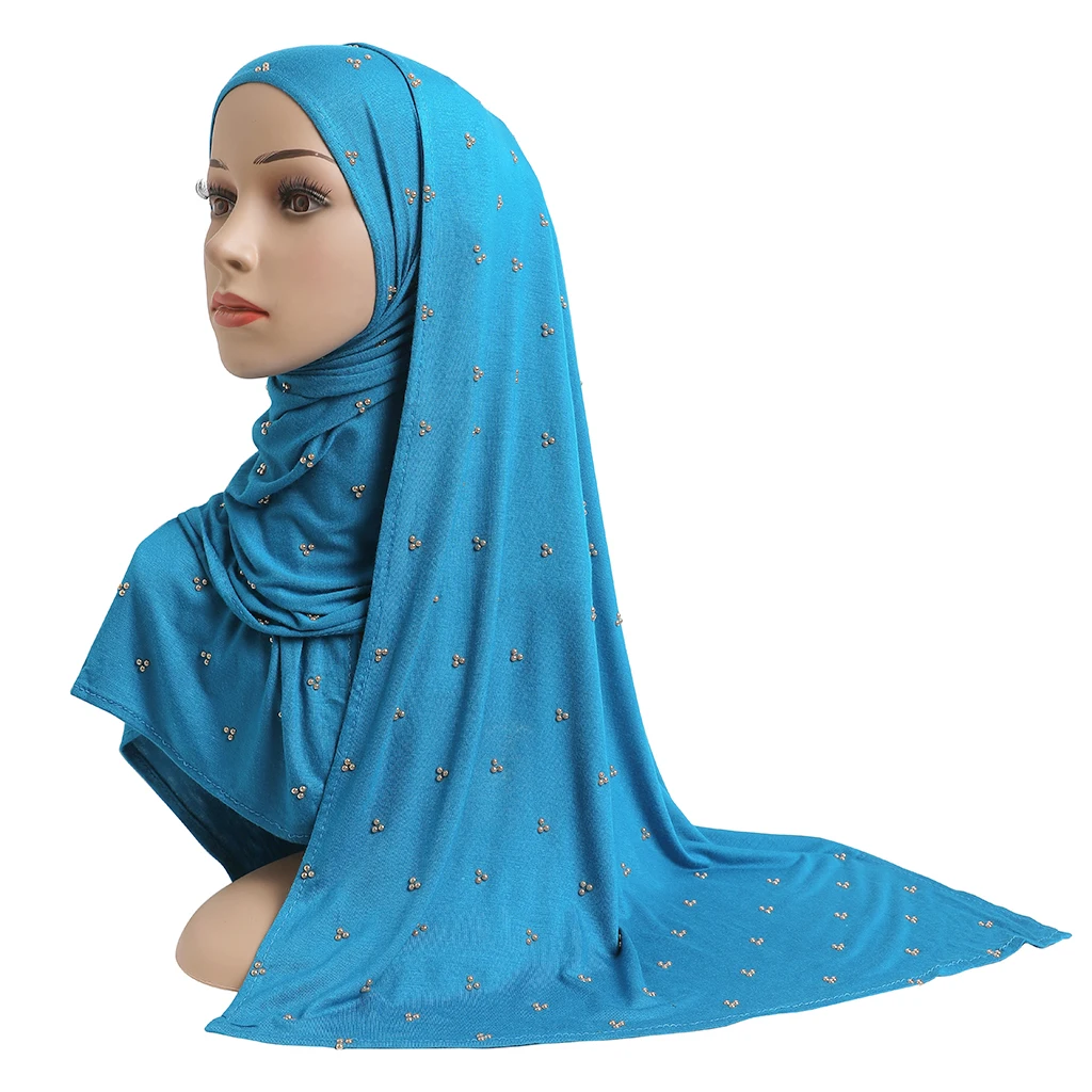 H201 High Quality Soft Cotton Jersey Scarf With Beadings modal headscarf women\'s hijab islamic female shawl Lady Bonnet headwrap