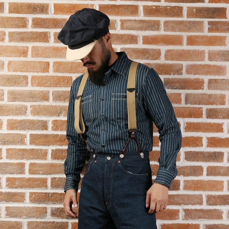 Non Voorraad Wabash Streep Werk Shirt Vintage Denim Vent Gat Workshirts Voor Mannen