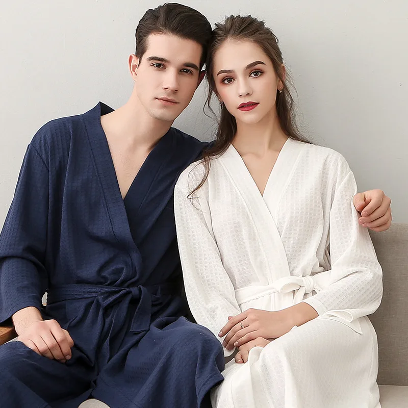 New Arrival Nightgown Female And Man Summer Waffle Couple Bathrobe Seven-point Sleeve Water-absorbing Quick-drying Pajamas Thin