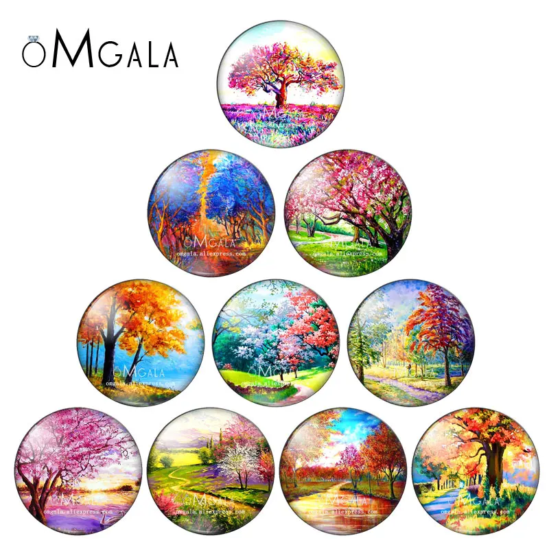 Beauty Colorful Trees Oil Drawings 12mm/14mm/16mm/18mm/20mm/25mm/30mm Round photo glass cabochon demo flat back Making findings