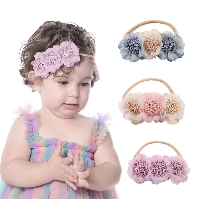 24pc/lot Newborn Pearl Lace Artificial Flower Nylon Headbands for Baby Handmade Nylon Elastic Hairbands Toddler Girls Headband