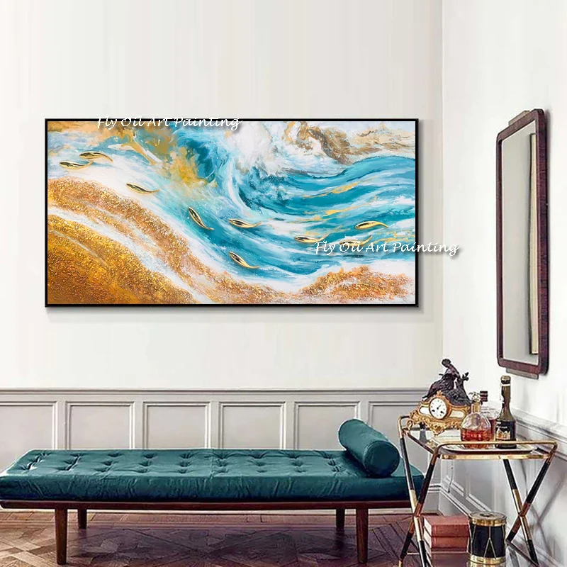 Sea Painting Yellow 100% Handmade Large Wall Art Orange Abstract Oil Painting Blue Sea Level Oil Painting Large Ocean Canvas