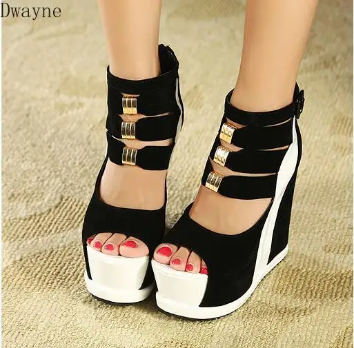 Woman Shoes Summer Genuine Women Platform Thick Soles Sandals Wedges High heel 14cm Peep Toe Mixed Colors Sexy Shoes uij89