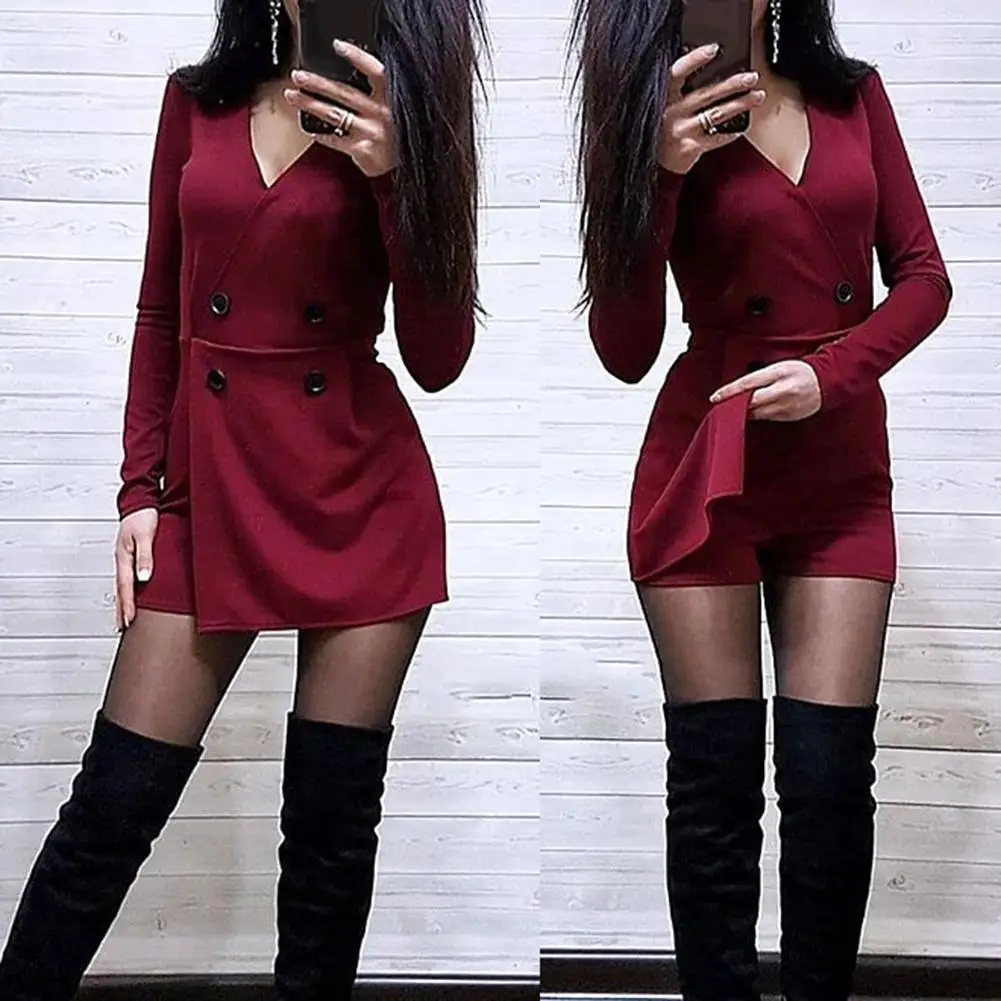 80% Hot Sales!!! Chic Women Solid Color Long Sleeve V Neck Double-breasted Dress Short Jumpsuit