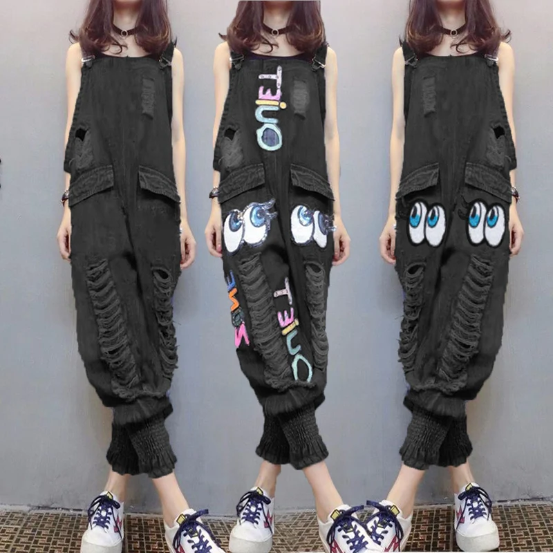 Celana Bib Musim Semi dan Musim Panas 2021 Baru Jumpsuit Jeans Instep Kecil Harlan Lubang Longgar Kasual Wanita dan Bodysuit