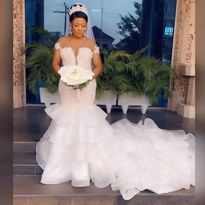 Thanh Lịch Plus Kích Thước Váy Áo Tay Ngắn Nàng Tiên Cá Lông Tơ Xù Aso Ebi Cô Dâu Đồ Bầu Dài Tàu Ren Váy Cưới