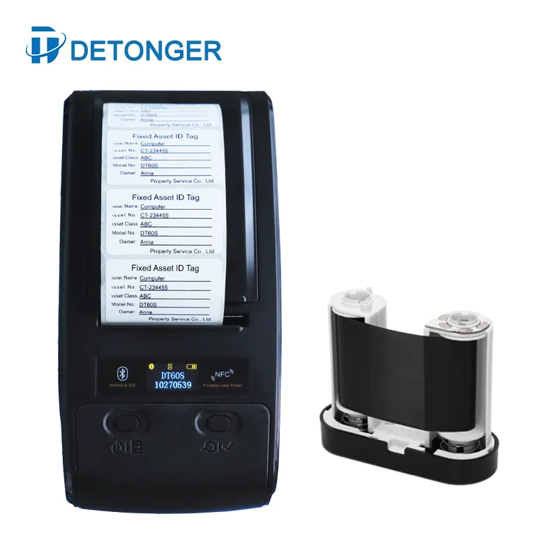 DETONGER 203dpi DT60S Portable Thermal Transfer Printing Machine with Color Ribbon PET Silver Label Printer