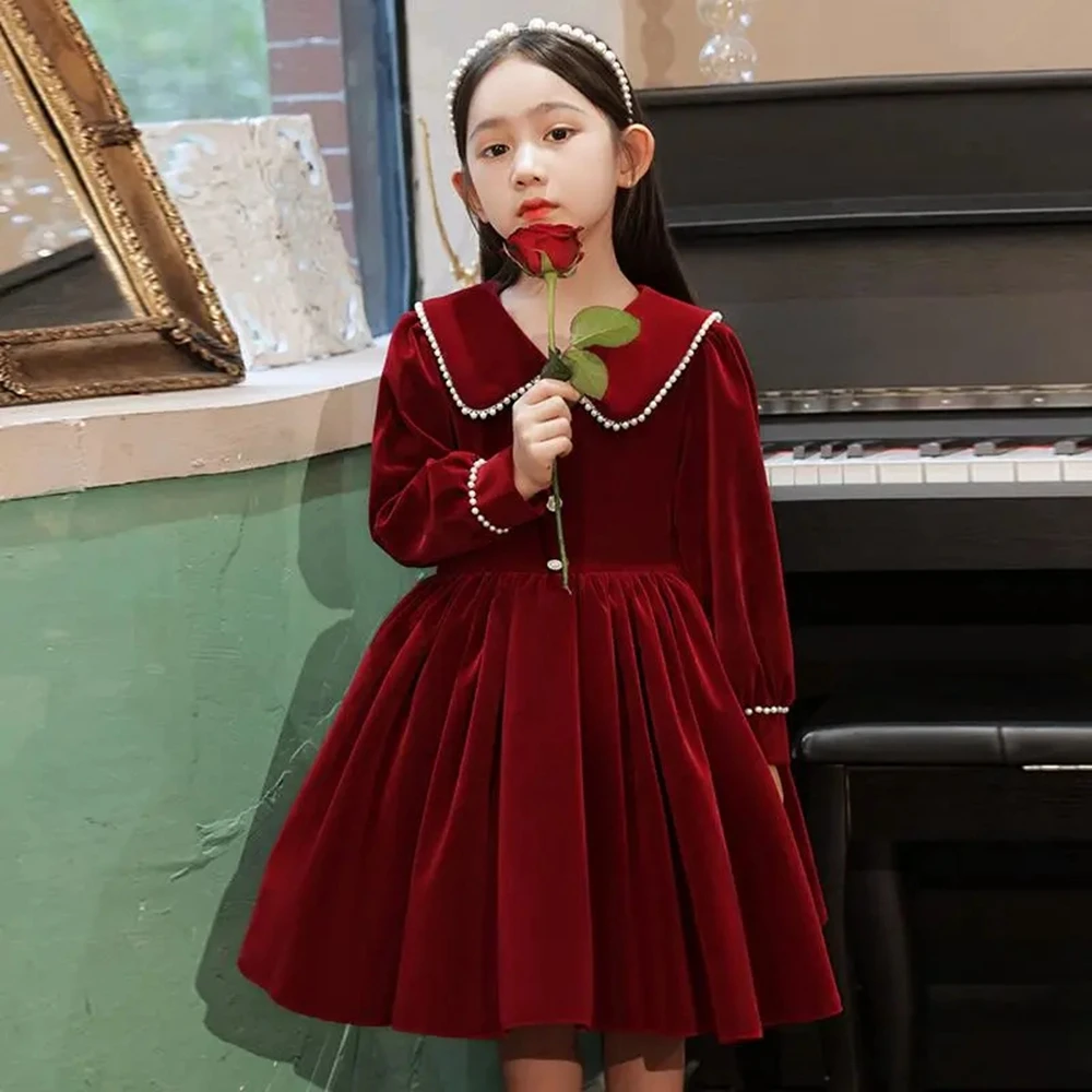 Autumn Kids Red Long Sleeve Party Dress For Girls Turn Down Collar Solid Teenage Dresses Toddler Outfits Korean Style Dress Girl