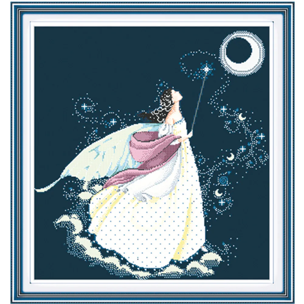 Beauty moon fairy cross stitch kits 14ct 11ct black deep blue flaxen canvas beads embroidery DIY needlework craft