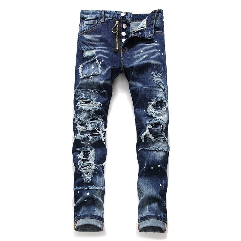 

EH·MD® Double-layer Scratched Ripped Jeans Men's Zipper Decoration Splashed Ink Soft Slim Cotton Stretch Pants Four Seasons 2022