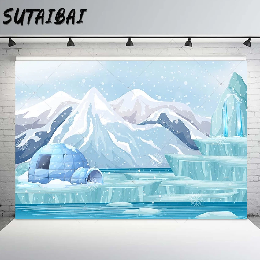 북극 사진 배경 비닐 겨울 빙하 빙산 눈 산 베이비 샤워, 생일 파티 눈송이 장식 배경