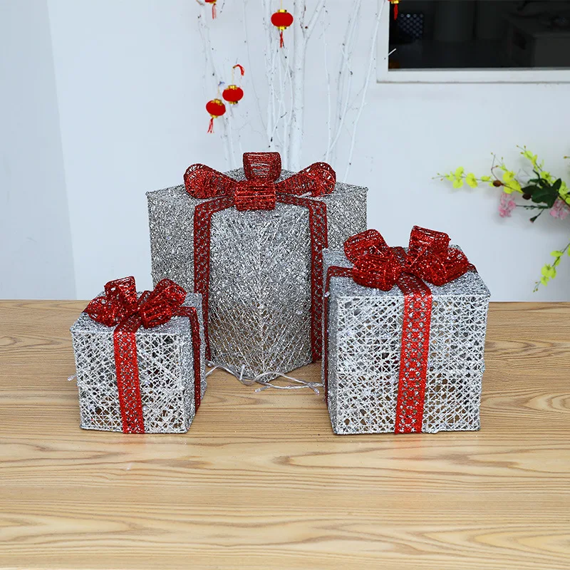 Christmas Decorations Chrismas Tree Duitou Luminous Wrought Iron Gift Box Three-piece Shopping Mall Hotel Window Decoration