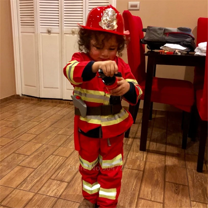 Halloween Carnival Party Kids Cosplay Costumes Firefighter Uniform Games Fancy Firemen Fire Drill Boys Girl Performance Clothing