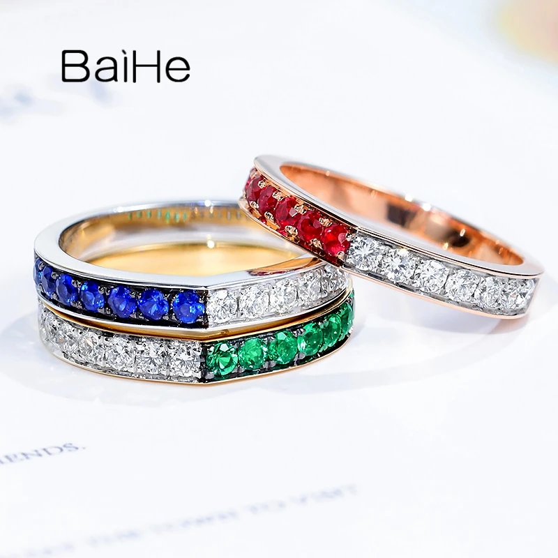 BAIHE Solid 14K White/Yellow/Rose Gold 0.20ct Round Cut Natural Ruby/sapphire/emerald 0.25ct Diamond Wedding Fine Jewelry Ring