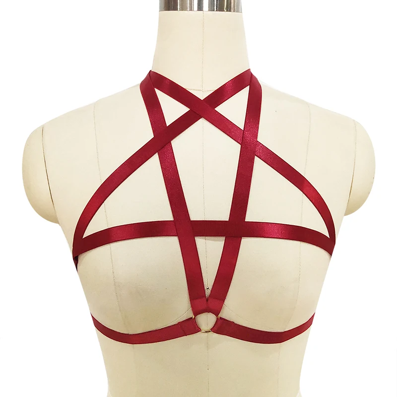 

Women Red Pentagram Bondage Harness Fetish Elastic Cage Bra Rave Wear Pastel Goth Pentagram Body Harnesses Sexy Lingerie