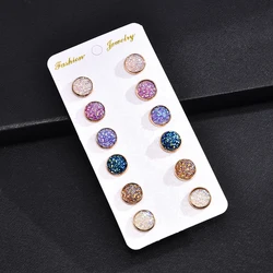 6 Pairs / Lot Colorful Drusy Resin Cabochon Stud Earrings Round Shape Piercing for Women Earrings Set Fashion Jewelry Party Gift