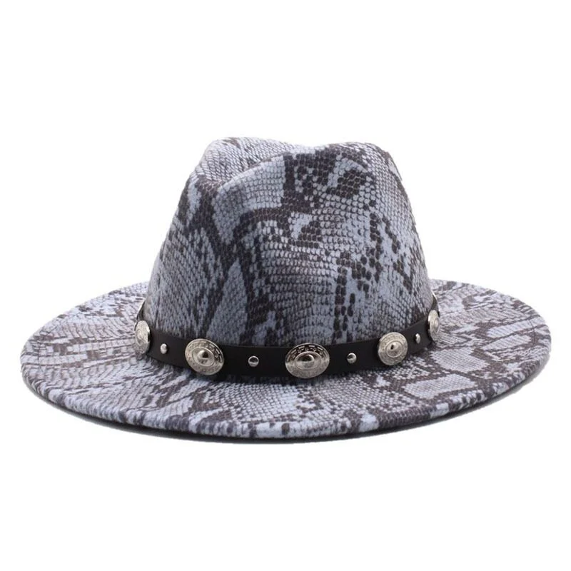 2022 Unisex Wide Brim Fedora Hats For Women Men Snake Pattern Jazz Hat Felt Panama Cap Imitation Wool British Style Ladies Cap