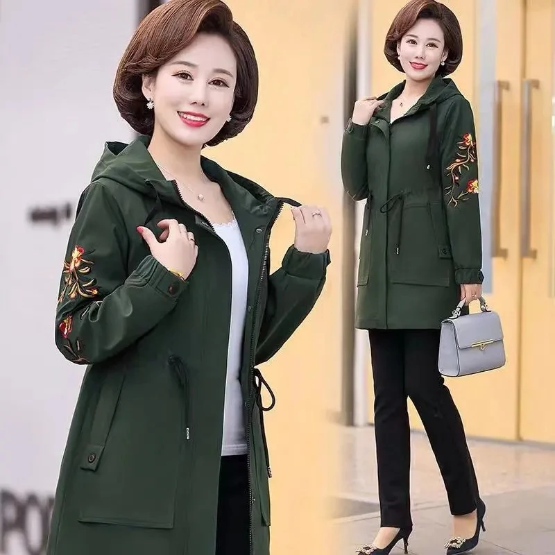 

Middle-Aged Mother Spring Autumn Coat New 2021Middle Length Embroidered Ladies Jacket Hooded Receive Waist Women Windbreaker