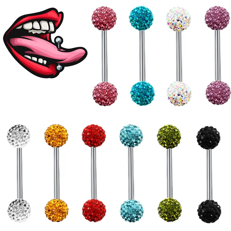 Stainess Steel Crystal Ball Tognue Piercing Barbell 14G CZ Nipple Piercing Bar Shiny Tongue Ring Bulk Sexy Body Piercing Jewelry