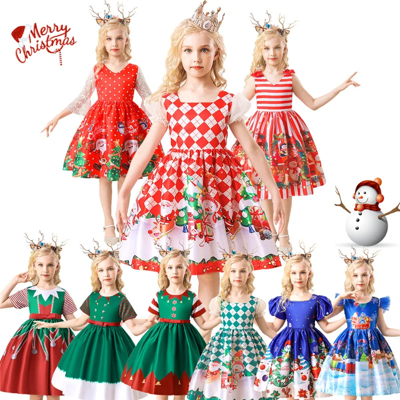 

9 Colors 2022 Christmas New Children Dress New Year Girls Princess Long Dress Cartoon Print Party Dance Performance Costume