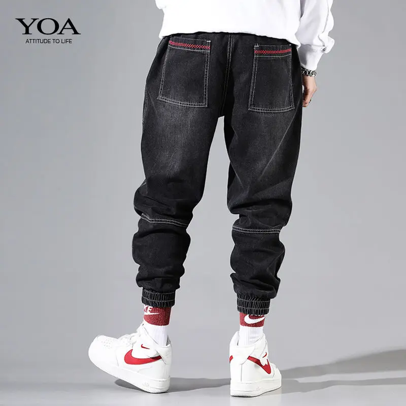 Cargo Pants Jeans Men\'s Ankle Banded Pants Loose Moto Biker Harlan Harajuku Style Beam Feet Casual Pants Elastic Waist  Hip Hop