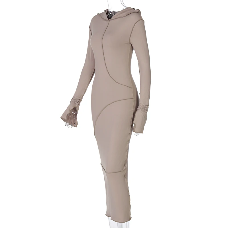 2023 Long Sleeve Hooded Patchwork Skinny Maxi Dress