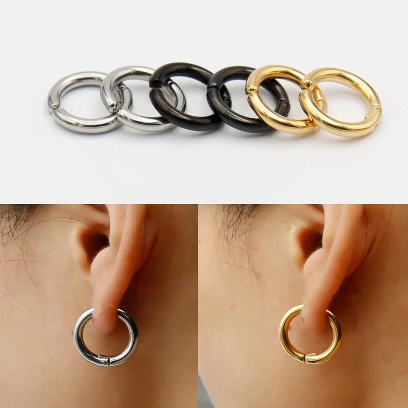 New Simple Stainless Steel No Piercing Ear Circle Earrings For Women Men gold/steel/black color fake Earrings Popular Jewelry