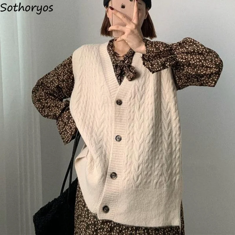 Women Sweater Vests Solid V-neck Single Breasted Gentle All-match Elegant Fashion Loose Temperament Side-slit Twist Knitting New