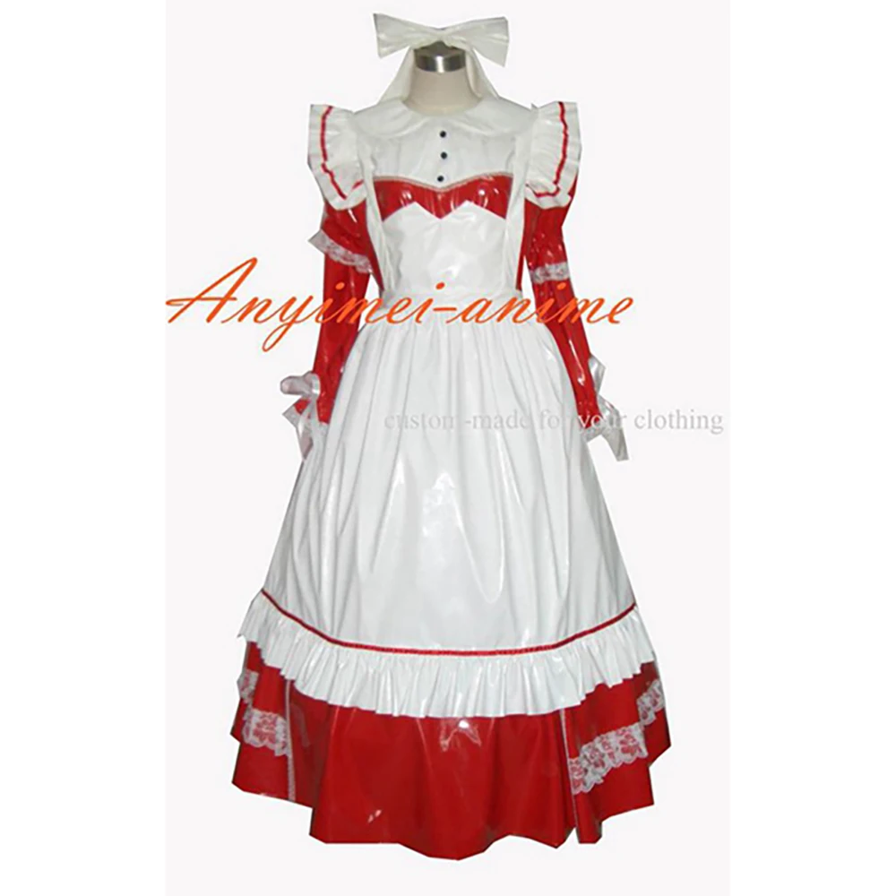 

fondcosplay adult sexy cross dressing sissy maid long red thin Pvc Dress Red Lockable Uniform white apron CD/TV[G267]