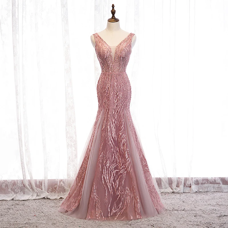 Evening Dress Sleeveless V-Neck Simple Lace Up Mermaid Floor-Length Appliques Ruched Fashion Pink Party Formal Gown Woman B204