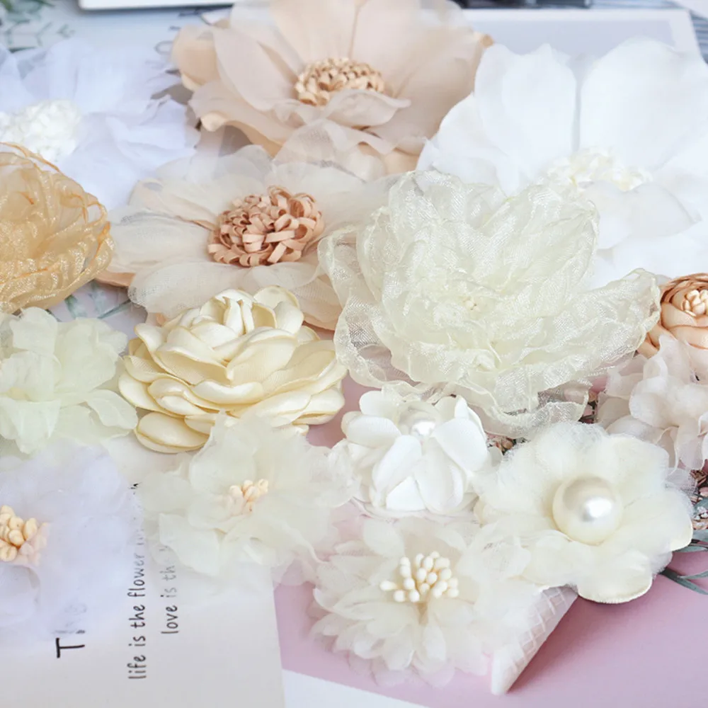 10PCS/Lot Beige Series Camellia Rose Chiffon Fabric Artificial Flower Head For Wedding Dress Clothing Decoration Headdress