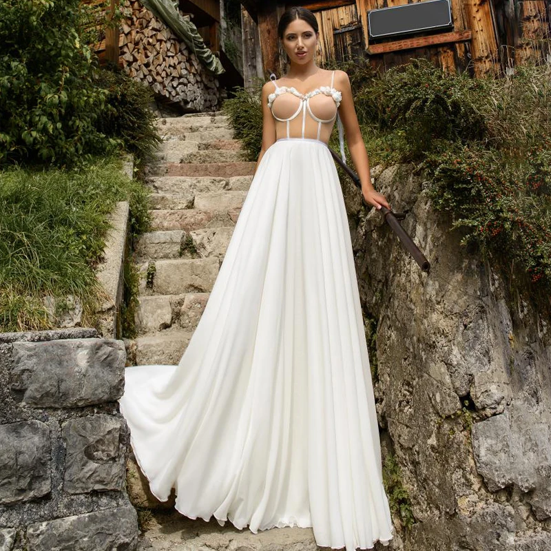 

Simple Sweetheart Flowers Spaghetti Straps Lace Up Tulle A-Line Wedding Dress Bridal Gowns Vestido De Noiva