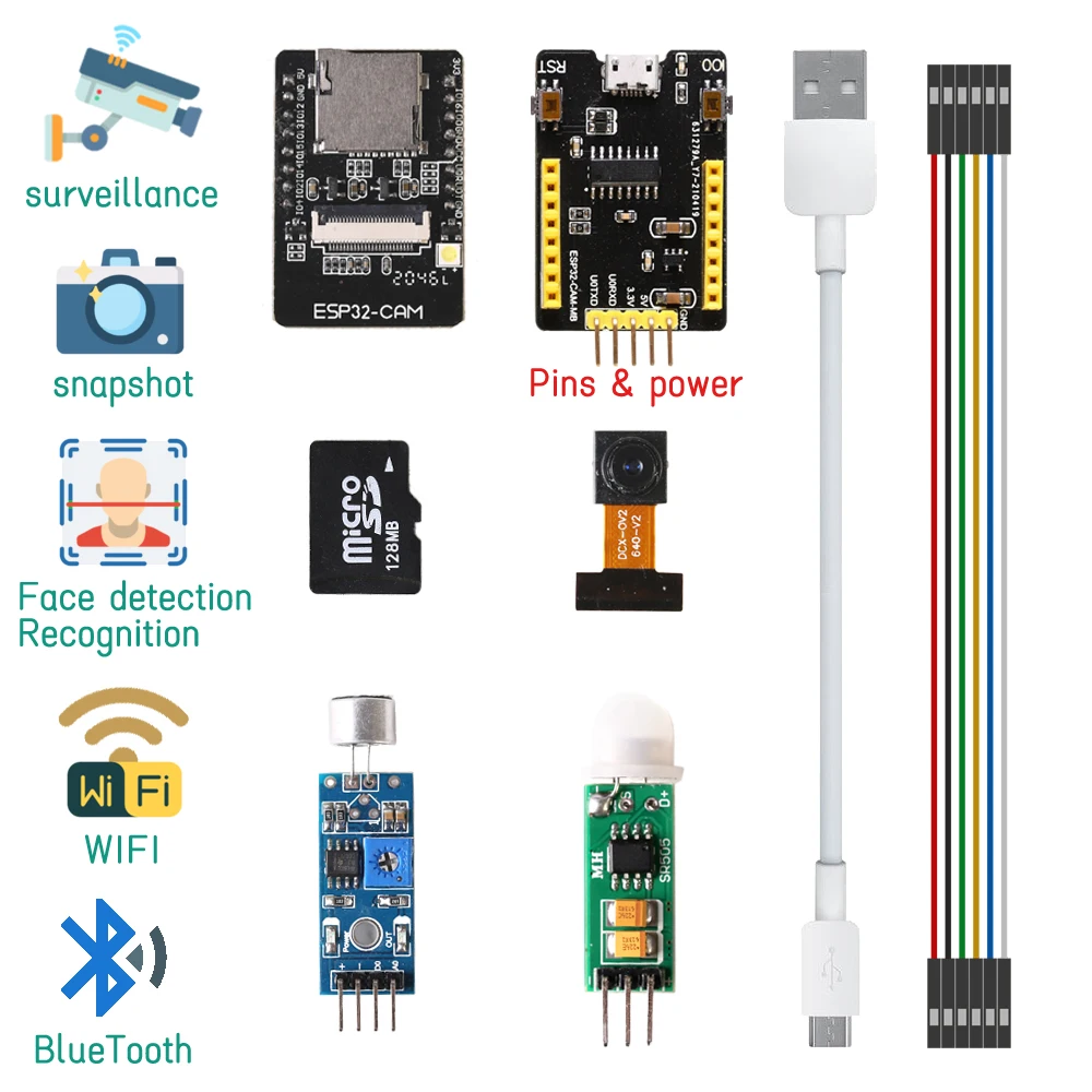 

ESP32 Camera Kits Monitor Snapshot Face Detection Recognition for Arduino DIY WiFi Module 128M SD Card 2.0 Mega Pixels ESP32-CAM