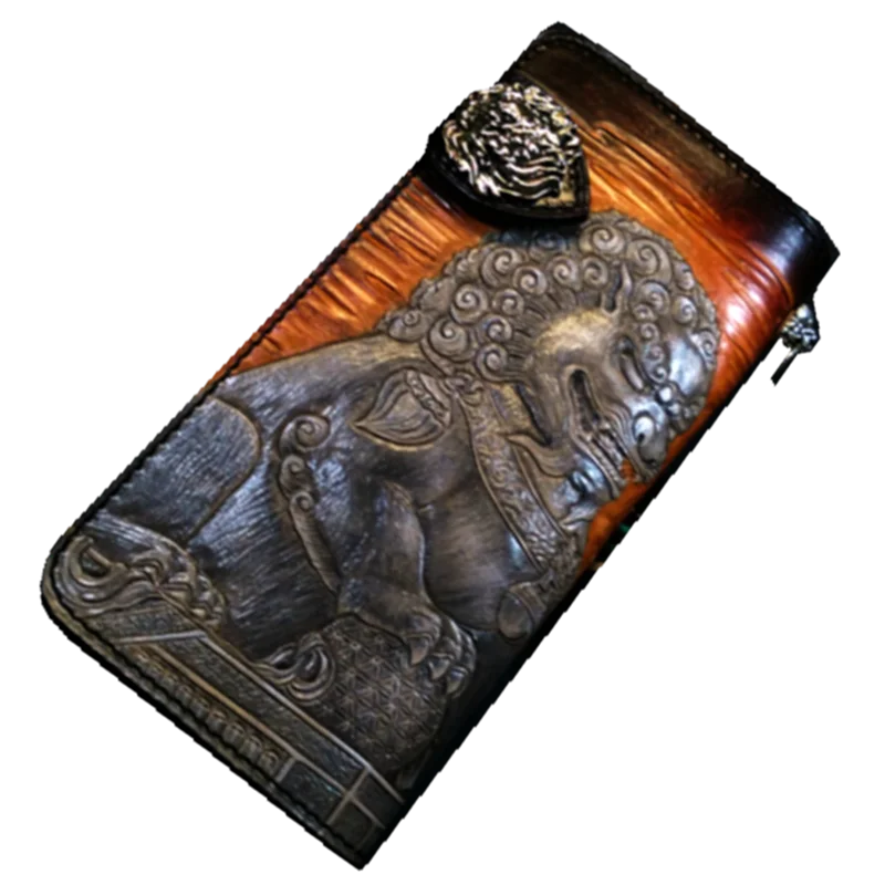 Handmade Wallets Carving Stone Lion Purses Men Long Clutch Vegetable Tanned Leather Wallet Card Holder