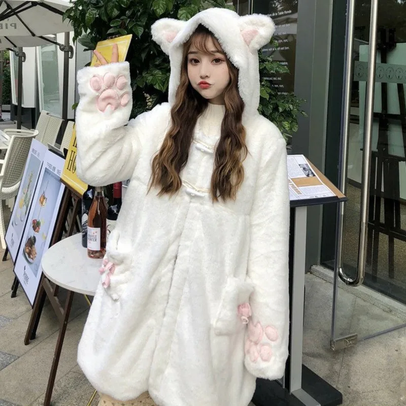 Winterjas Vrouwen Lolita Fleece-Gevoerde Verdikte Meisje Zachte Stof Kawaii Kat Oor Hoed Klauw Leuke Pluche Witte Jas jeugdige Parka