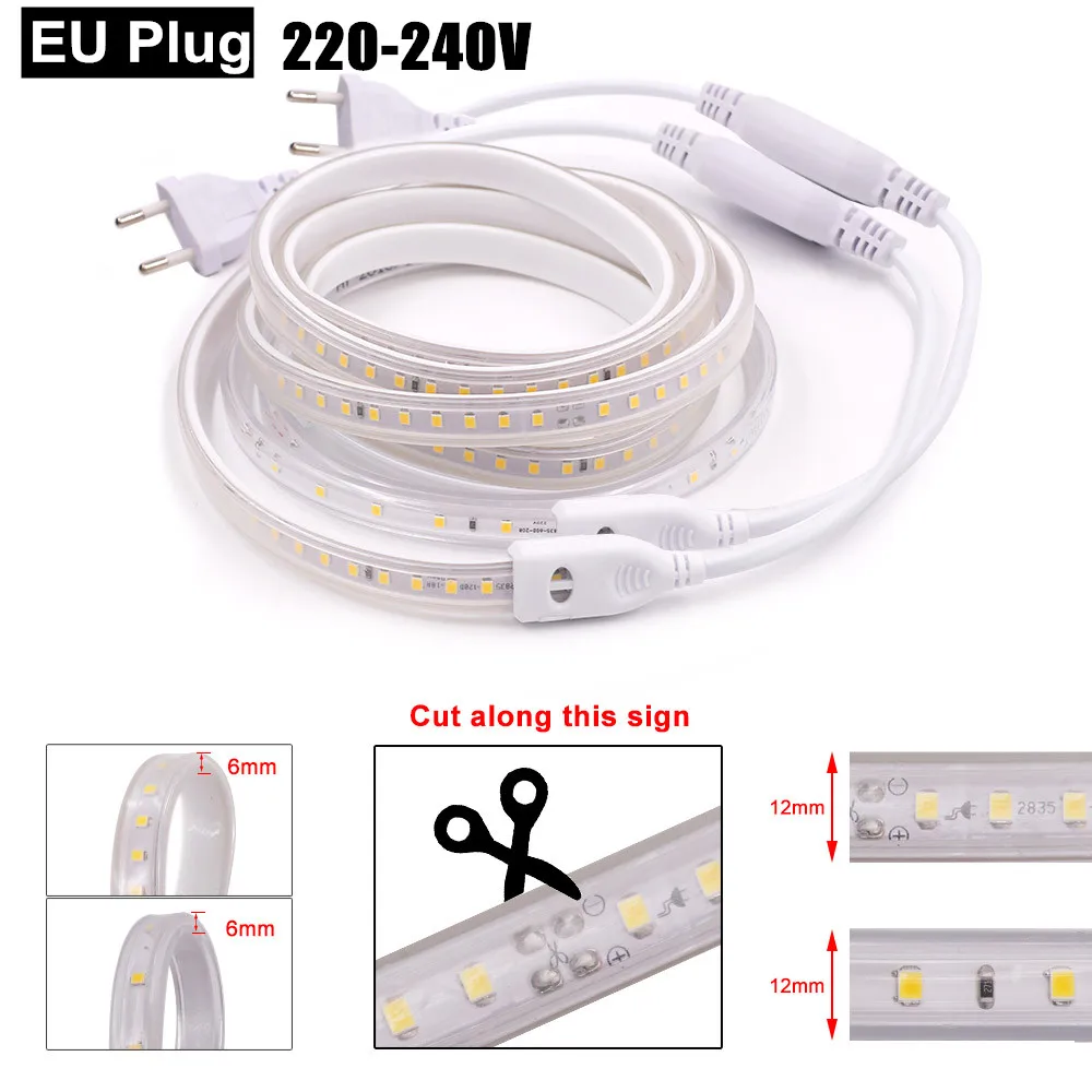 Imagem -04 - Tira Conduzida à Prova Impermeável Água Dimmerable 2835 120leds Branco Branco Quente Alta Segurança Interior Lâmpada ao ar Livre Mais ue Eua Plug 220v 110v