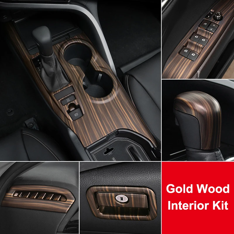 

QHCP Gear Shift Panel Rear Air Outlet Cover Armrest Pad Dashboard Strip Knob Stickers Gold Wood Grain For Toyota Camry 2018 2019