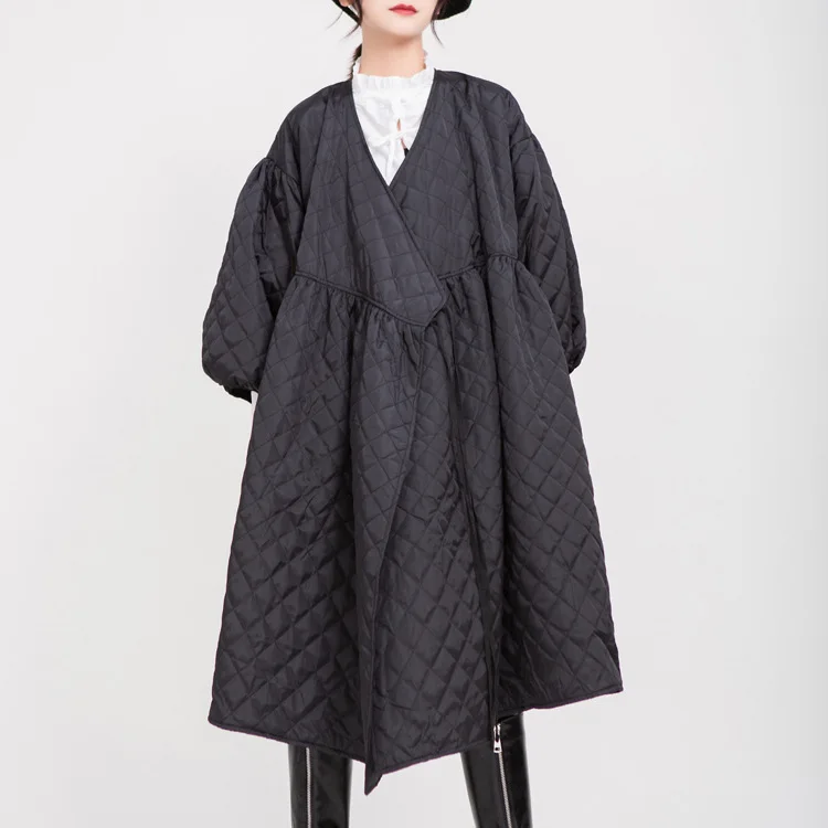 Female new autumn and winter korean style sweet Retro lantern sleeve rhombus embossed long Korean cotton coat