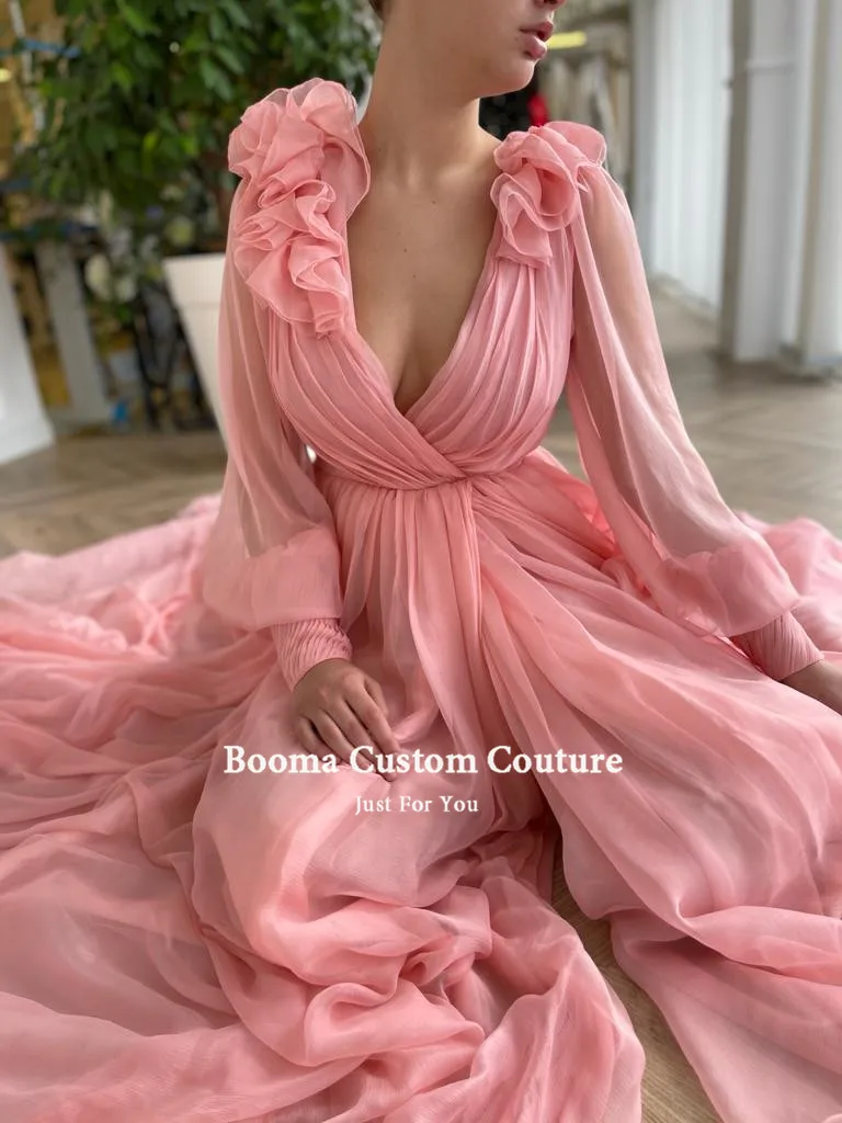 Booma elegante rosa chiffon vestidos de baile com decote em v mangas compridas puff babados alta fenda a linha vestidos de festa de casamento vestidos formais