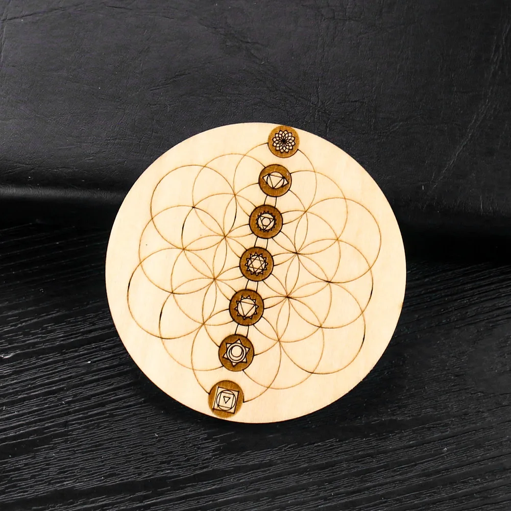 10cm Wooden 7 Chakra Round Board Crystal Quartz Stand Holder Flower Wood Cup Base Yoga Meditation Orgonite Home Ornament Decor