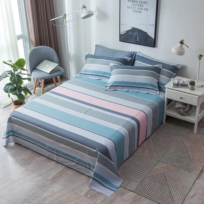 50 1pc 100% Cotton Stripe Flat Sheet For Children Adults Single Double Bed Flat Bedsheets (No Pillowcase) XF704
