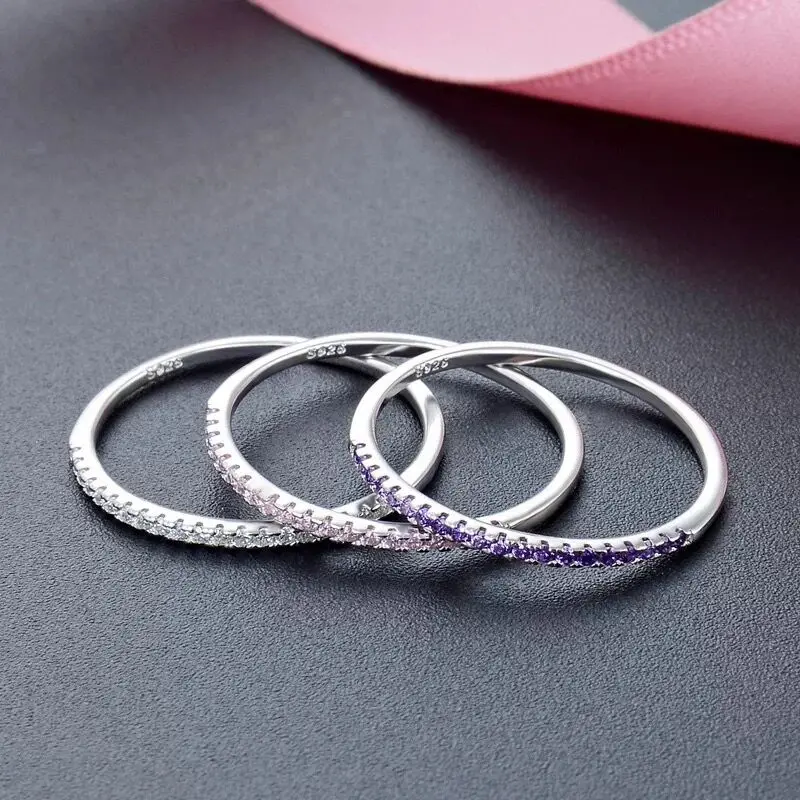 1mm Skinny Thin Wedding Band Silver Purple Pink CZ Half Eternity Stackable Rings for Women