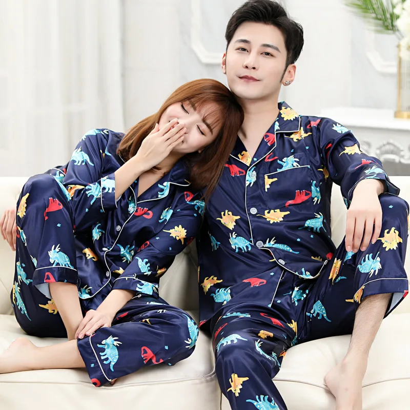 Summer Couple Men Women Cute Dinosaur Printed Stain Lapel Long Sleeve Pants Sleepwear Lovers Female Pajamas Pyjamas Homewear