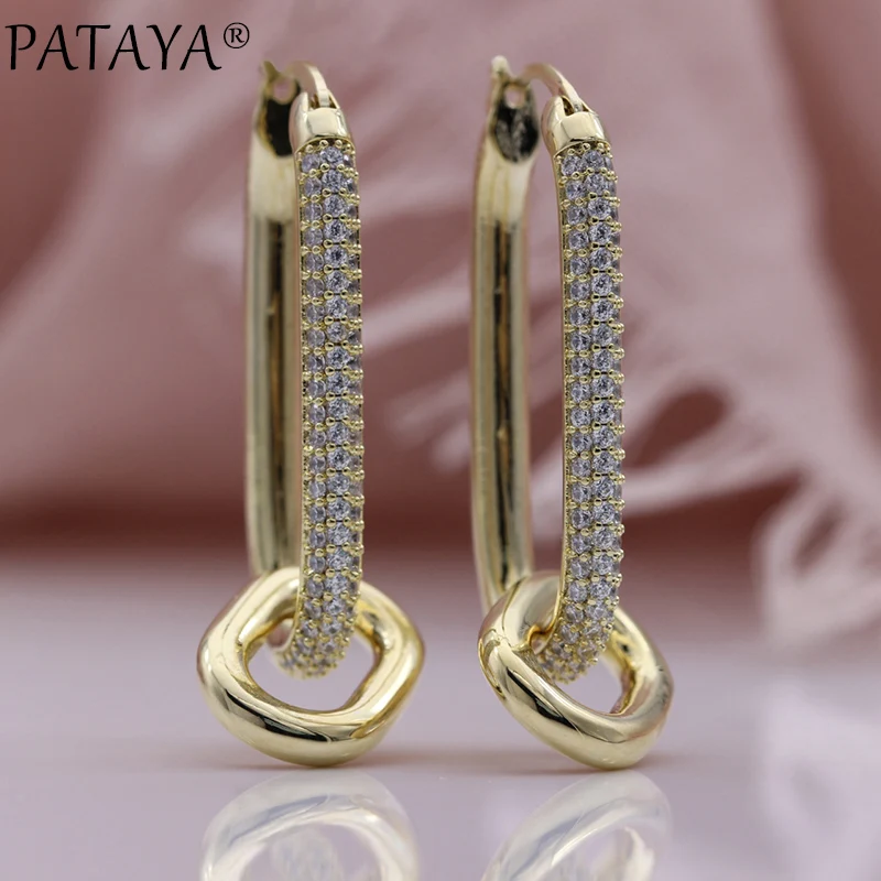 

PATAYA New Yellow Gold Color Micro Wax Inlay Natural Zircon Dangle Earrings Women Long Earrings Wedding Creative Fashion Jewelry