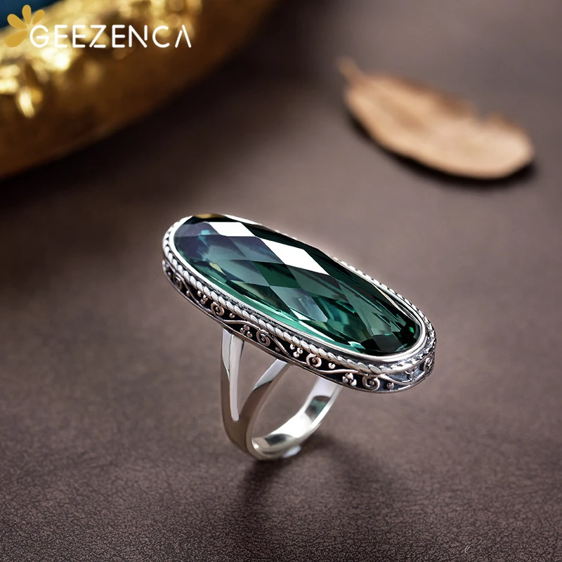 925 Sterling Silver Green Crystal Smoky Quartz Women\'s Ring  K-pop Trendy Big Resizable Gemstone Rings Fine Jewelry Gift Party