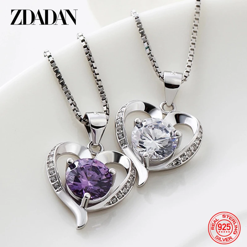 ZDADAN 925 Sterling Silver Heart Crystal Necklace For Women Fashion Jewelry Accessories