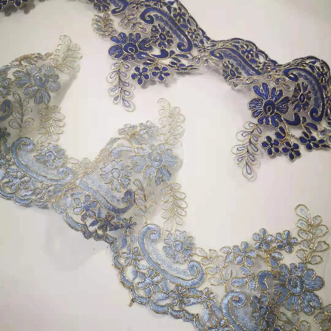 1Yd Exquisite Gold Outline Sapphire Sky blue Embroidery Lace Trimming Dress Home Textile Lace DIY Decorative Accessories 14.5cm